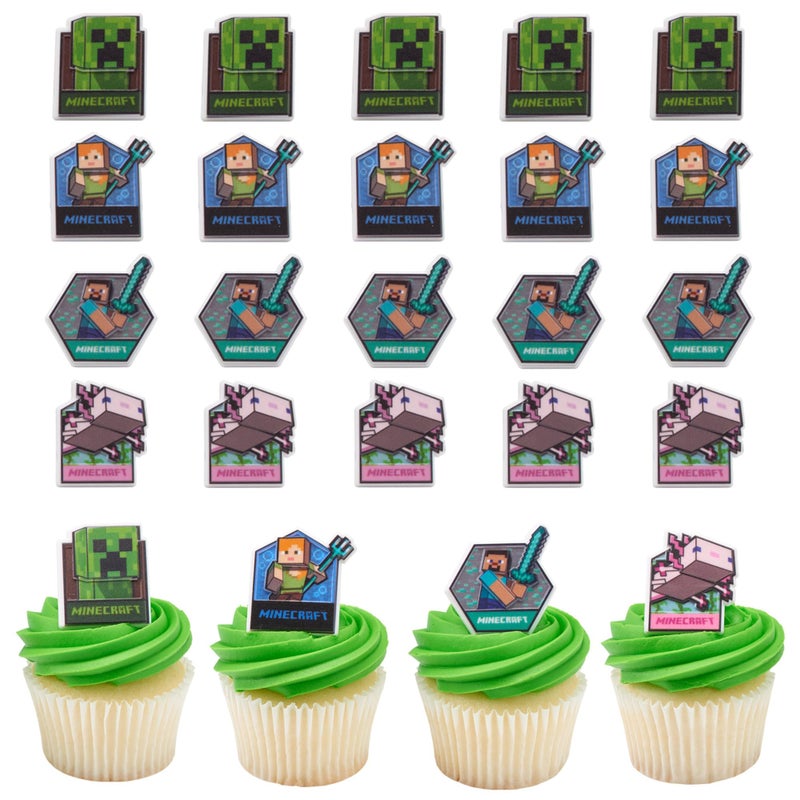 DecoPac Minecraft Lush Finds Rings, Cupcake Decorations Featuring Creeper, Alex, Steve and Axolotl! Multicolored 3D Food Safe Cake Toppers â€“ 24 Pack - Image 1