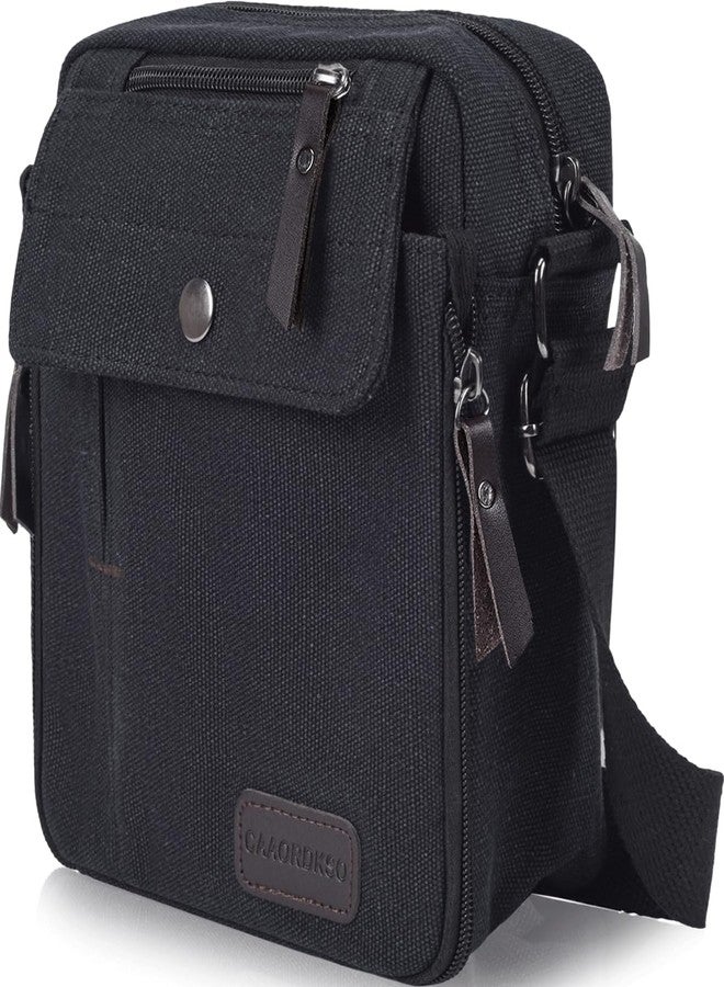CAAORDKSO Canvas Messenger bag, Vintage Shoulder Bag Small Crossbody Bag Travel Bag for Men and Women, Multi-pocket Purse Satchel Bag (Black) - Image 1