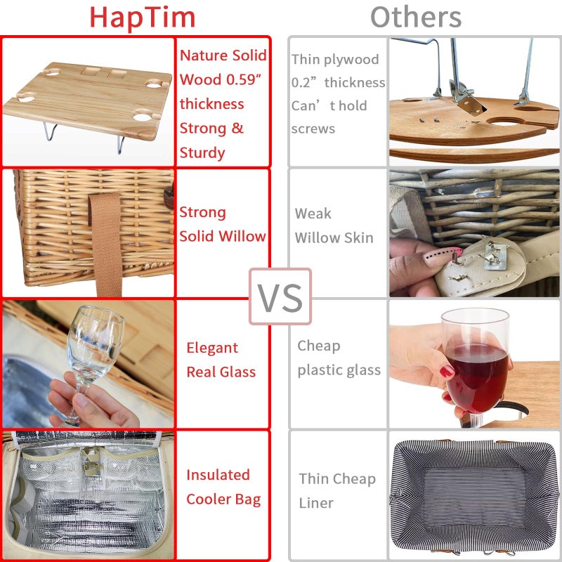 Hap Tim Wicker Picnic Basket for 4 with Mini Folding Wine Picnic Table & Large Insulated Cooler Bag & Cutlery Service Kits for 4 Person, Couples Gifts, Wedding Gifts (Y2307-4-CM) - Image 5