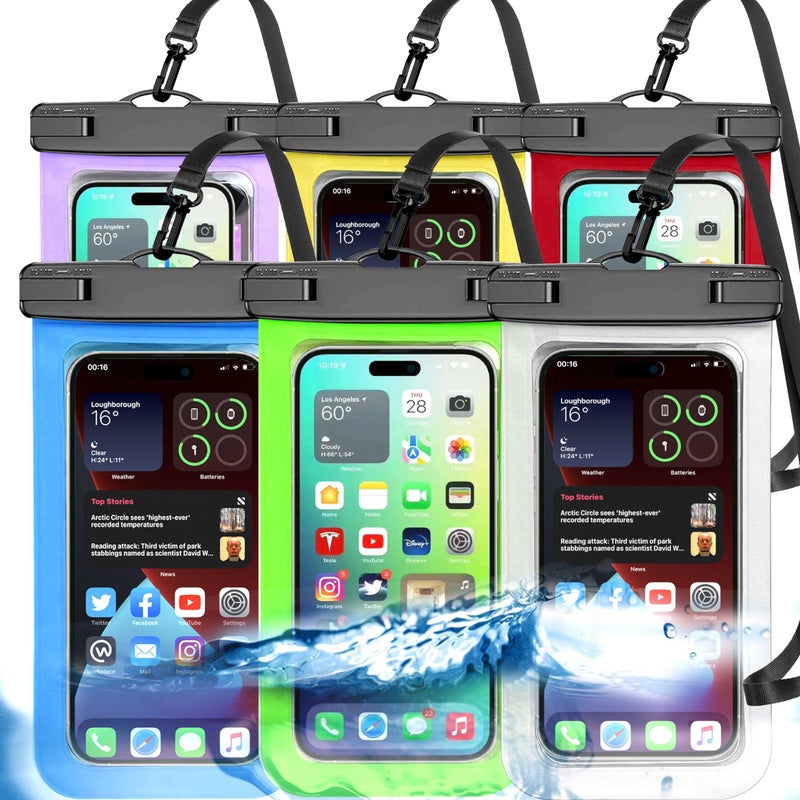Famoby Up to 8.3" 6 Pack Multicolor Universal Waterproof Phone Pouch, Phone Waterproof Case Dry Bag,Protection Level: IP68,Outdoor for Apple iPhone,Samsung,and More,White,Blue,Red,Purple,Yellow,Green - Image 1