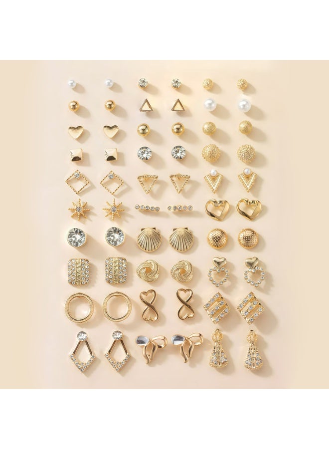 JUMEI 30 Pairs Earrings Set for Women, Gold Stud Earrings Multiple Styles, Fashion Jewelry Set with Pearl Crystal Heart Hoop Designs, Elegant Ear Jewelry Collection Gift for Women & Girls - Image 1