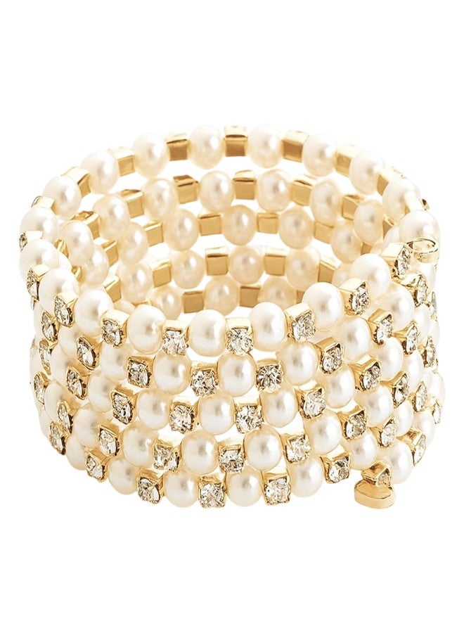 Aeenioy Pearl Bracelet for Women, Layered Tennis Bracelet with Rhinestones, Adjustable Stylish Jewelry for Girls and Women, Elegant Gift for Wedding and Usually Occasions (Golden) - Image 1