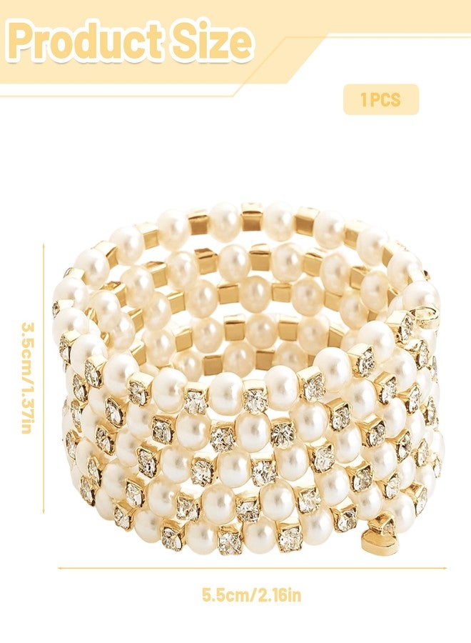 Aeenioy Pearl Bracelet for Women, Layered Tennis Bracelet with Rhinestones, Adjustable Stylish Jewelry for Girls and Women, Elegant Gift for Wedding and Usually Occasions (Golden) - Image 2