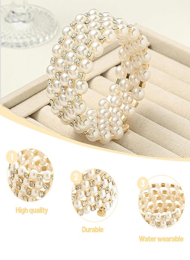 Aeenioy Pearl Bracelet for Women, Layered Tennis Bracelet with Rhinestones, Adjustable Stylish Jewelry for Girls and Women, Elegant Gift for Wedding and Usually Occasions (Golden) - Image 3