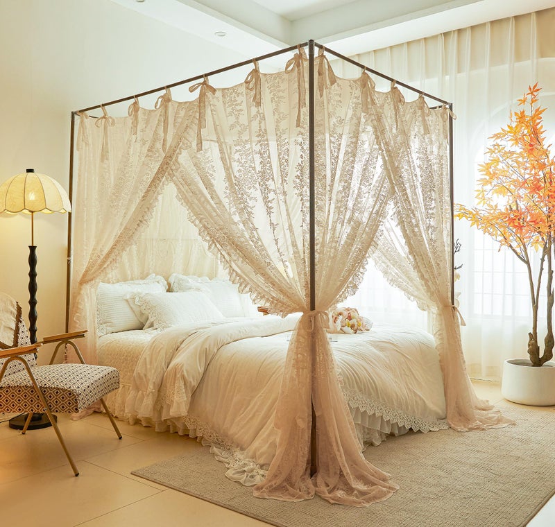 Mengersi Canopy Bed Curtains with Tie BacksElegant Lace Bed Canopy Curtains Romantic Bed Drapes for Girls Women Bedroom DecorQueenKhaki