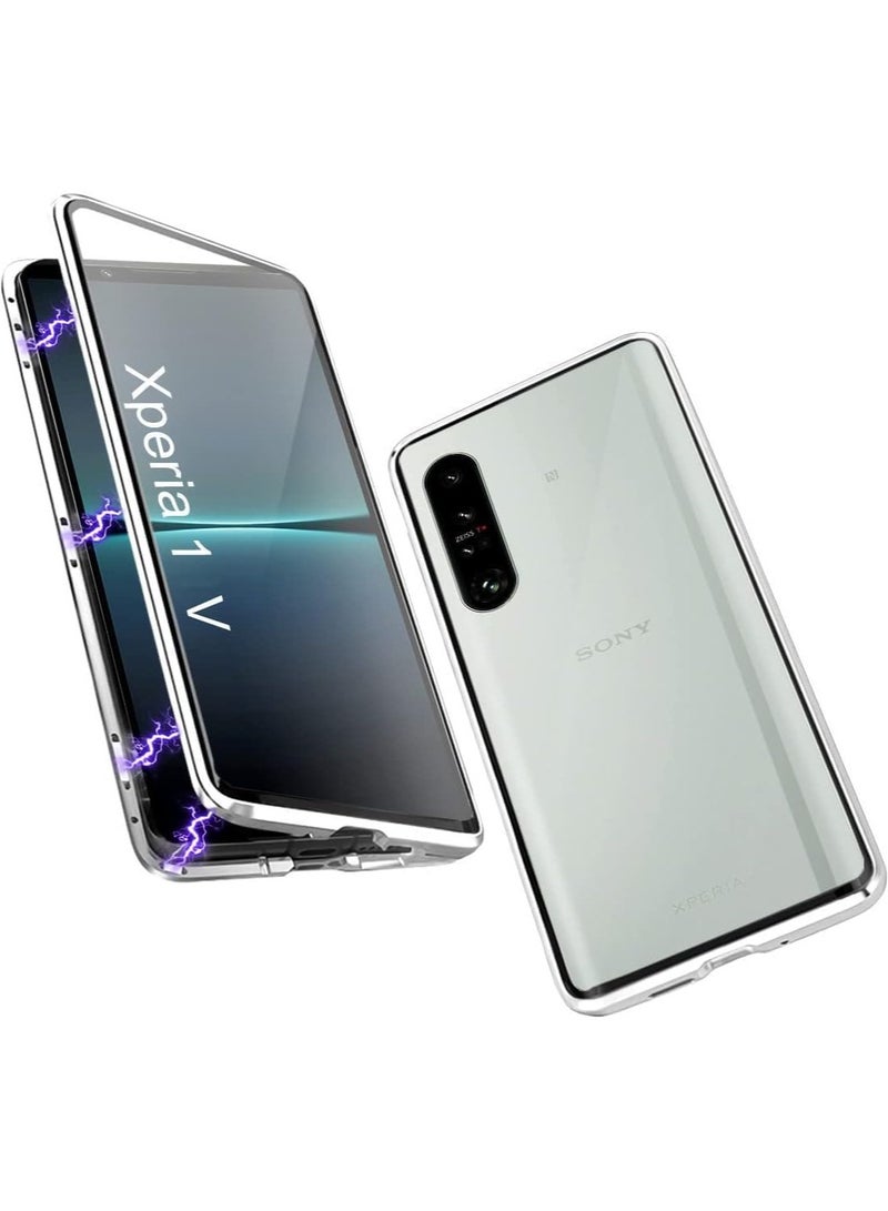 general Case Compatible with Sony Xperia 1 V, Magnetic Adsorption 360 Protection Front Back Tempered Glass Aluminum Frame Cover Shockproof Transparent Case