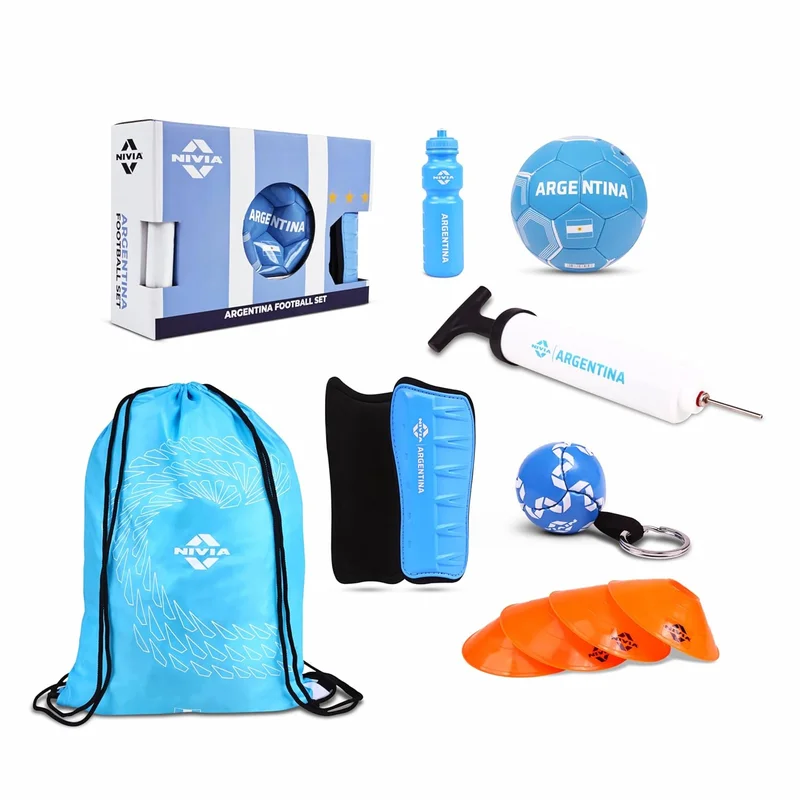 Nivia Argentina Football Set - Complete 7-in-1 Kit with PVC Football, Shin Guards, Pump, Carry Bag, Water Bottle, Cones, and Key Ring