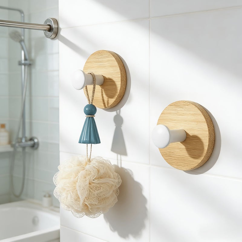 5 Pcs White Drill Free Minimalist Round Coat Hooks Faux Wood Grain Design Easy to Install Nordic Style Bathroom Hooks Waterproof Self Adhesive Wall Mounted Suitable for Kitchen Hallway Storage Hats - Image 3
