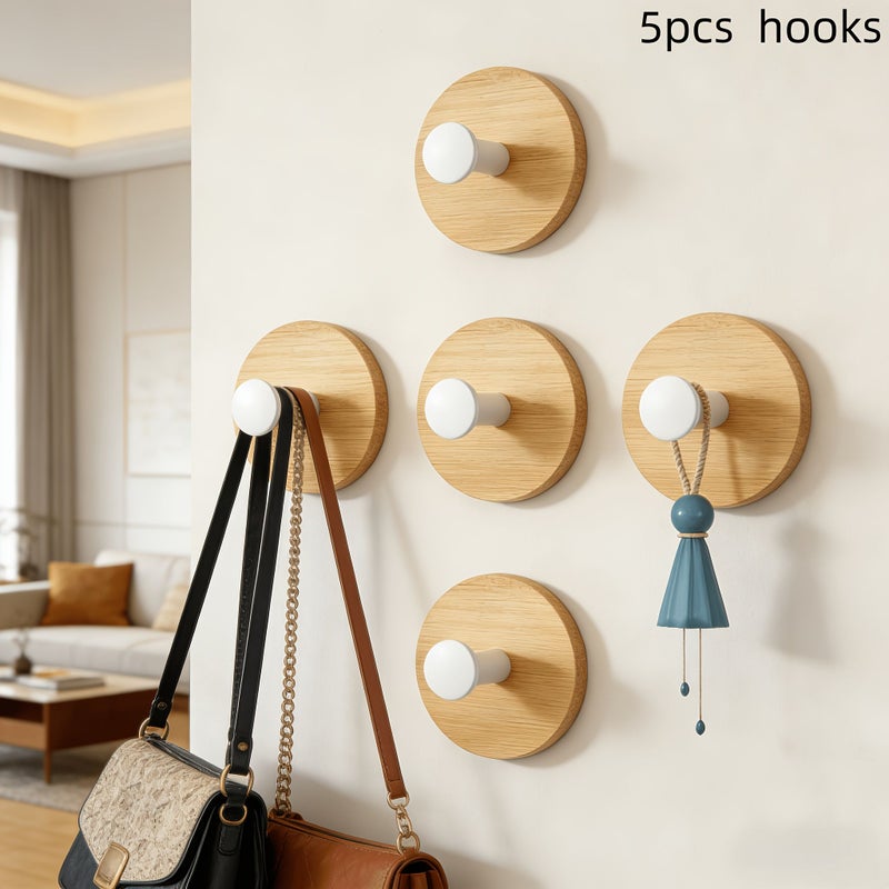 5 Pcs White Drill Free Minimalist Round Coat Hooks Faux Wood Grain Design Easy to Install Nordic Style Bathroom Hooks Waterproof Self Adhesive Wall Mounted Suitable for Kitchen Hallway Storage Hats - Image 2