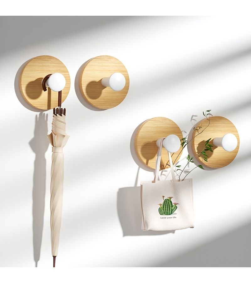5 Pcs White Drill Free Minimalist Round Coat Hooks Faux Wood Grain Design Easy to Install Nordic Style Bathroom Hooks Waterproof Self Adhesive Wall Mounted Suitable for Kitchen Hallway Storage Hats - Image 4