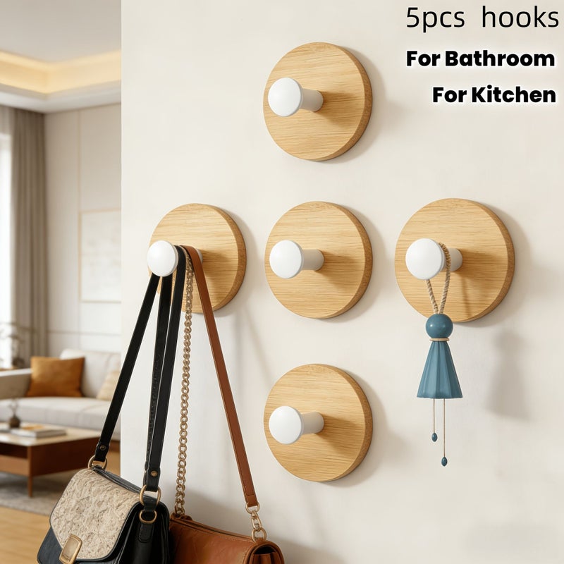 5 Pcs White Drill Free Minimalist Round Coat Hooks Faux Wood Grain Design Easy to Install Nordic Style Bathroom Hooks Waterproof Self Adhesive Wall Mounted Suitable for Kitchen Hallway Storage Hats - Image 1