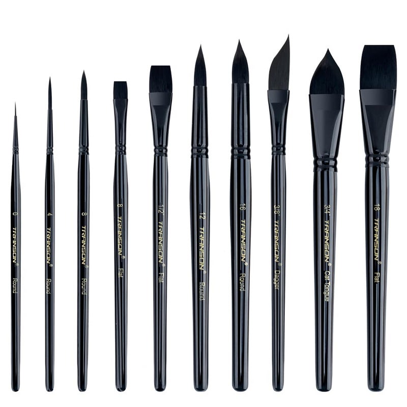 Transon 10pcs Natural Watercolor Paint Brush Set Professional for Watercolor Acrylic Ink Gouache Tempera
