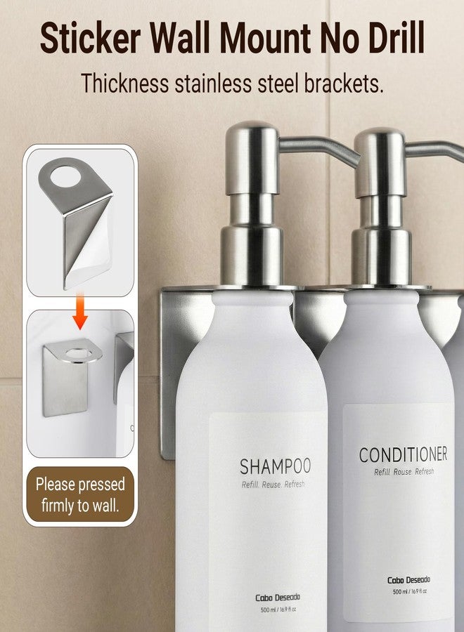Cabo Deseado Shampoo and Conditioner Dispenser - Shower Soap Dispenser 3 Chamber No Drill - Bathroom Soap Dispenser Wall Mount Adhesive - White PET Bottles with Silver Stainless Steel Pumps Set Refillable 1500ml - Image 2