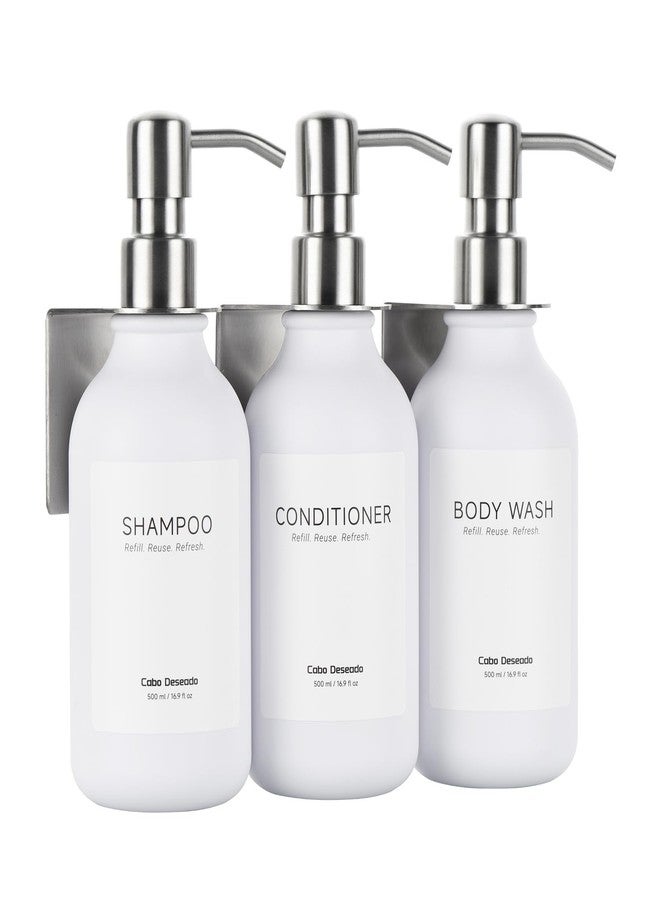 Cabo Deseado Shampoo and Conditioner Dispenser - Shower Soap Dispenser 3 Chamber No Drill - Bathroom Soap Dispenser Wall Mount Adhesive - White PET Bottles with Silver Stainless Steel Pumps Set Refillable 1500ml - Image 1