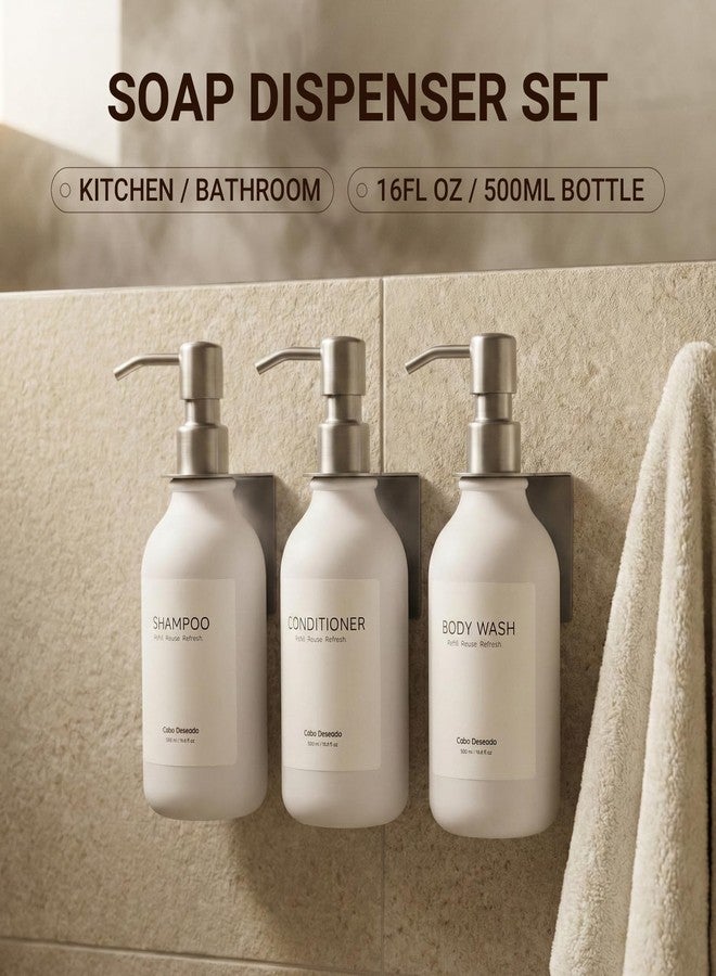 Cabo Deseado Shampoo and Conditioner Dispenser - Shower Soap Dispenser 3 Chamber No Drill - Bathroom Soap Dispenser Wall Mount Adhesive - White PET Bottles with Silver Stainless Steel Pumps Set Refillable 1500ml - Image 5