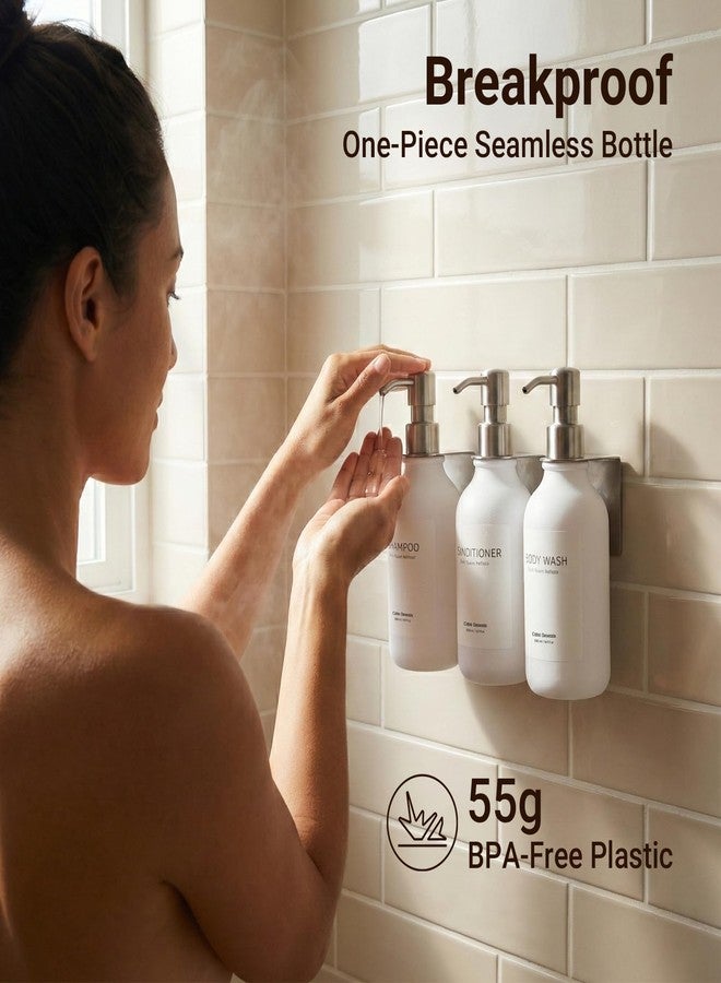 Cabo Deseado Shampoo and Conditioner Dispenser - Shower Soap Dispenser 3 Chamber No Drill - Bathroom Soap Dispenser Wall Mount Adhesive - White PET Bottles with Silver Stainless Steel Pumps Set Refillable 1500ml - Image 3