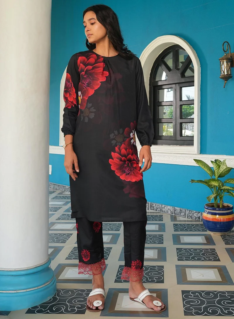 QISSA Women's Onyx Black Marigloire Imprint Kurta Set