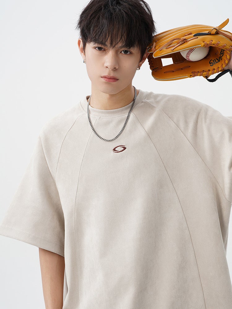 Three-Dimensional Segmented Suede Short-Sleeved T-Shirt For Men In Contrasting Color Embroidered Couple Loose Round Neck Half-Sleeved T-Shirt - Image 3
