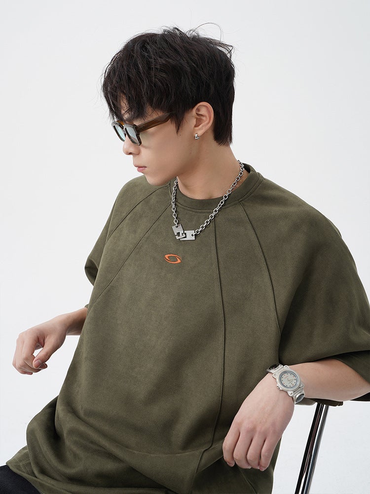 Three-Dimensional Segmented Suede Short-Sleeved T-Shirt For Men In Contrasting Color Embroidered Couple Loose Round Neck Half-Sleeved T-Shirt - Image 2