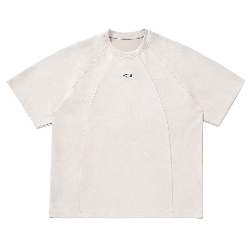 Three-Dimensional Segmented Suede Short-Sleeved T-Shirt For Men In Contrasting Color Embroidered Couple Loose Round Neck Half-Sleeved T-Shirt - Image 1