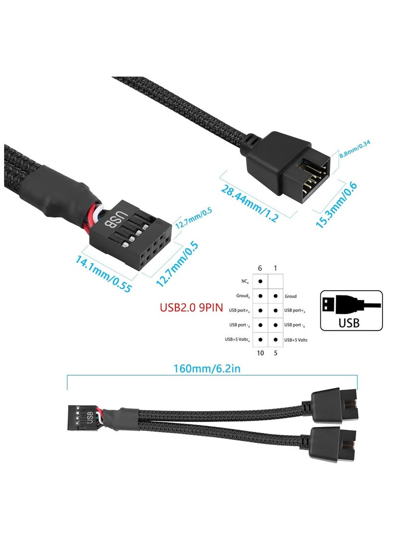 غنافوتو 2 قطعة كابل تمديد USB 2.0 9 سنون أنثى إلى 9 سنون ذكر مزدوج، كابل تقسيم 9 سنون إلى 2 * 9 سنون، كابل رأس USB 9 سنون للوحة الأم، للوحة الأم الداخلية للكمبيوتر، أسود - Image 2