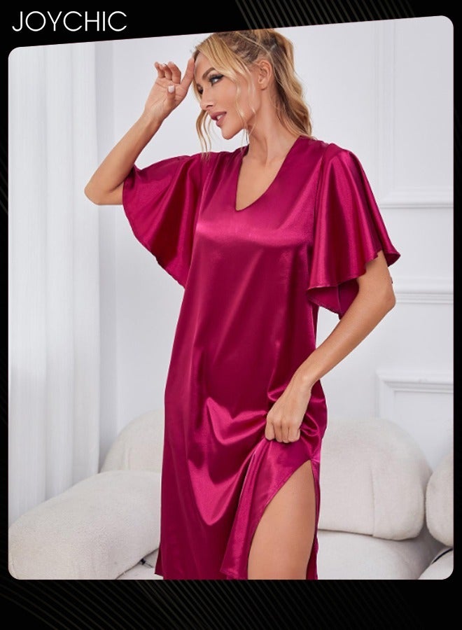 Joychic Solid Pattern Women Pajamas Ice Silk Satin Skin-friendly Nightgown Deep V-neck Loose Sleepwear for Spring Summer Red - Image 2