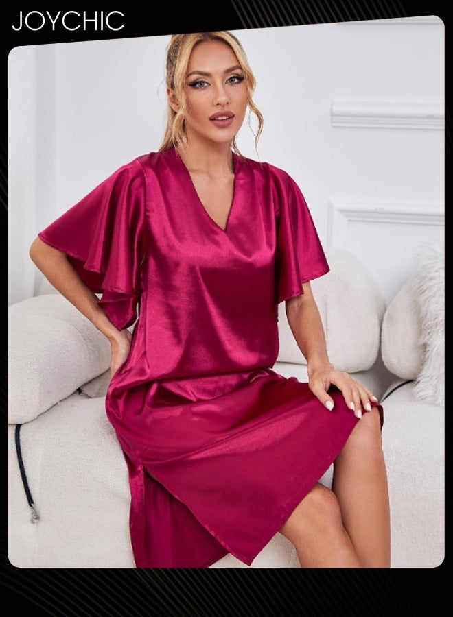 Joychic Solid Pattern Women Pajamas Ice Silk Satin Skin-friendly Nightgown Deep V-neck Loose Sleepwear for Spring Summer Red - Image 1