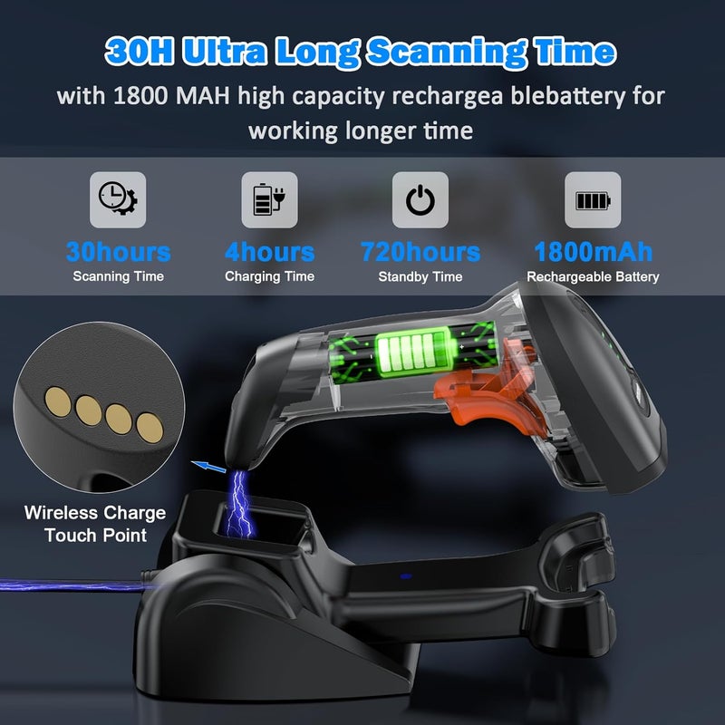 symcode QR Industrial Bluetooth Barcode Scanner with Wireless Charging Stand, Wireless 2D 1D Bar Code Scanner Drop Protection Shock Dust Proof Hands Free Auto-Sensing Stand Barcode Scanner - Image 2