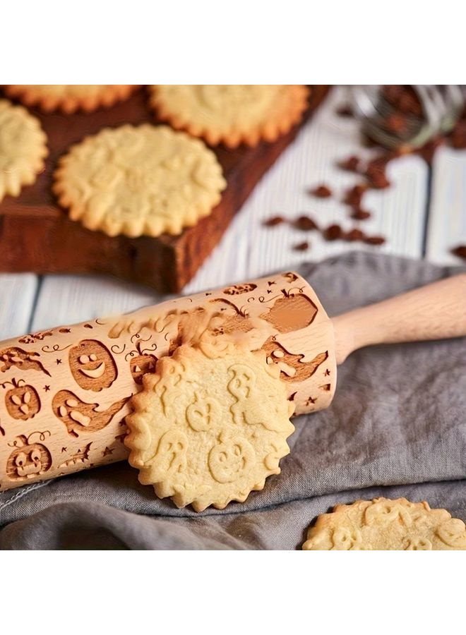 Halloween Pumpkin Bat Wooden Rolling Pin 1pc Baking Tool For Cakes Cookies - Image 2
