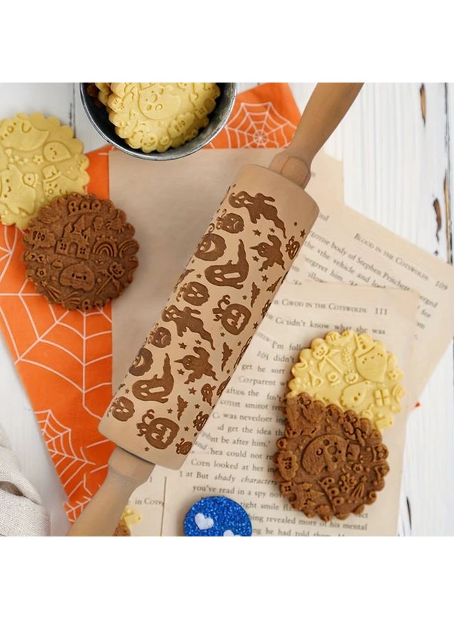 Halloween Pumpkin Bat Wooden Rolling Pin 1pc Baking Tool For Cakes Cookies - Image 1