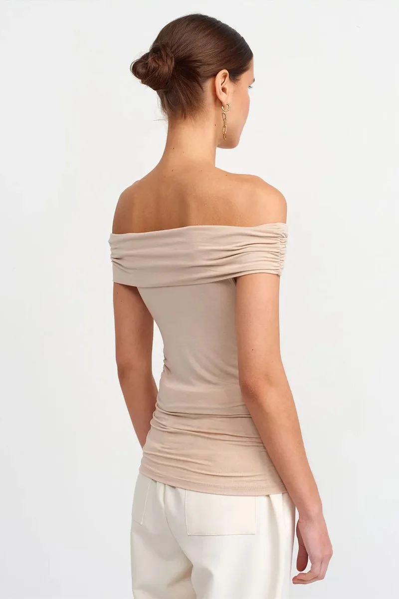 Dilvin Beige Natural DILVIN Off-Shoulder Slim Fit Jersey Blouse for Women | Best Price UAE
