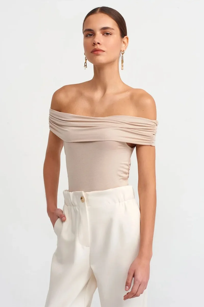 Dilvin Beige Natural DILVIN Off-Shoulder Slim Fit Jersey Blouse for Women | Best Price UAE