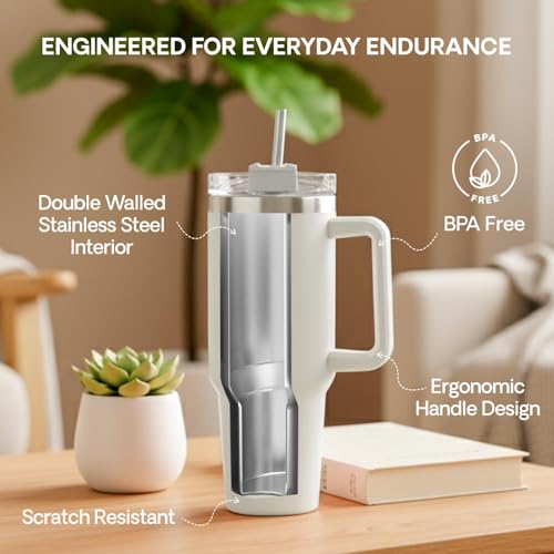 KRySt Stainless Steel Insulated Tumbler with Handle and Steel Straw | 1200ml Reusable Double Wall Vacuum Travel Mug | Hot & Cold Beverage Cup for Office, Home, and Outdoor Use (White) - Image 3