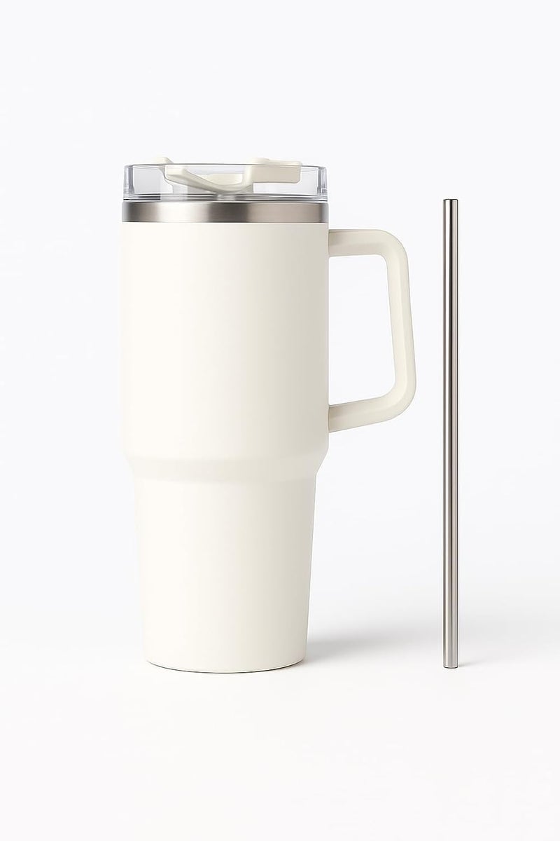 KRySt Stainless Steel Insulated Tumbler with Handle and Steel Straw | 1200ml Reusable Double Wall Vacuum Travel Mug | Hot & Cold Beverage Cup for Office, Home, and Outdoor Use (White) - Image 1