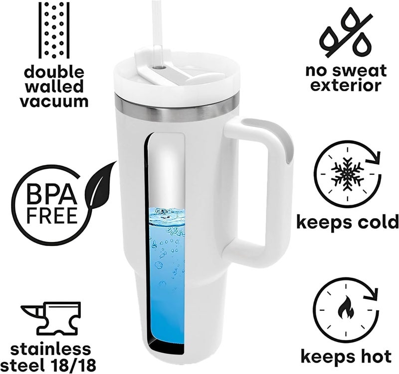 KRySt Stainless Steel Insulated Tumbler with Handle and Steel Straw | 1200ml Reusable Double Wall Vacuum Travel Mug | Hot & Cold Beverage Cup for Office, Home, and Outdoor Use (White) - Image 5