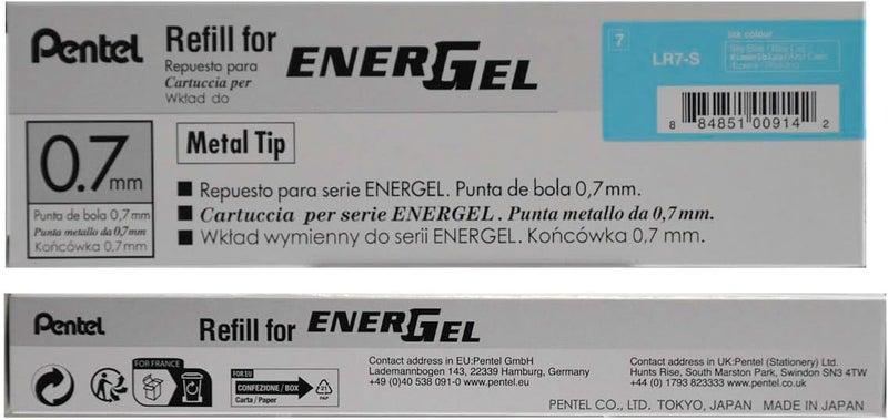 Pentel Refill Ink For EnerGel and Lancelot Gel Pen, (0.7mm) Metal Tip, Sky Blue Ink, Pack of 12 (LR7-S) - Image 2
