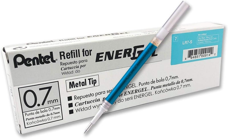 Pentel Refill Ink For EnerGel and Lancelot Gel Pen, (0.7mm) Metal Tip, Sky Blue Ink, Pack of 12 (LR7-S) - Image 1