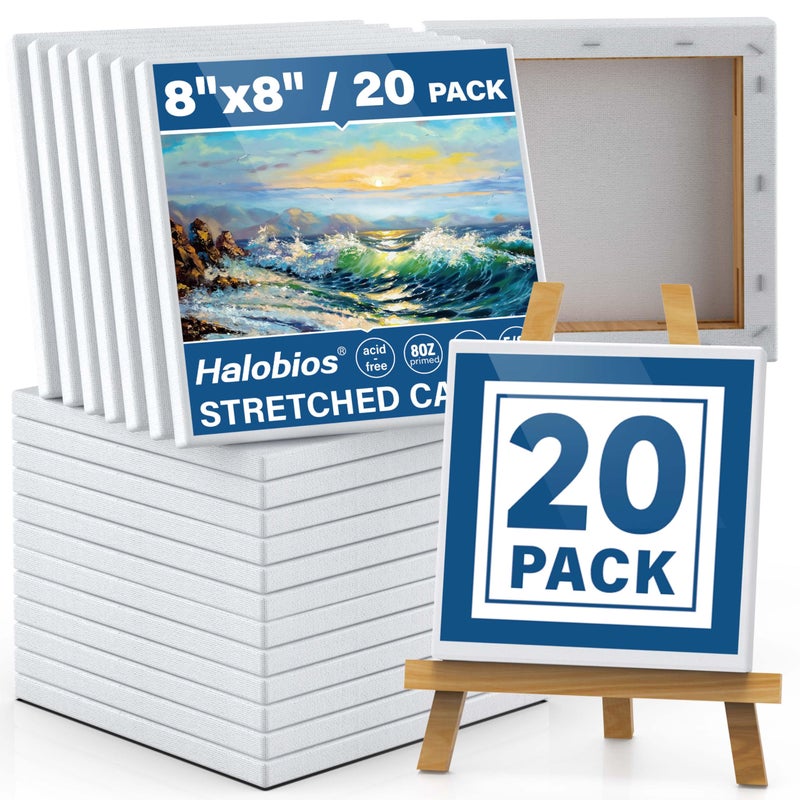 Halobios Professional Stretched Canvas Art Supplies Acrylic Oil Watercolor 20Pack 8x8 Inch 58 Inch Profile Cotton Canvas