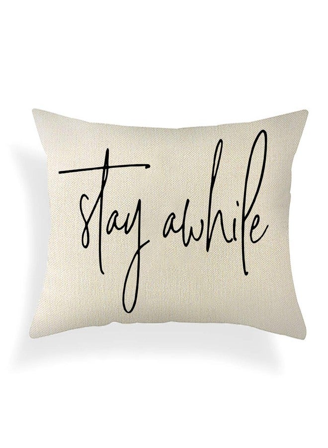 Ogiselestyle Farmhouse Pillow Covers with Stay Awhile Quotes 12" x 20" Lumbar Pillow Covers Home Decorative Cotton Linen Cushion Case for Sofa Couch Housewarming Gifts Family Room Décor - Image 1