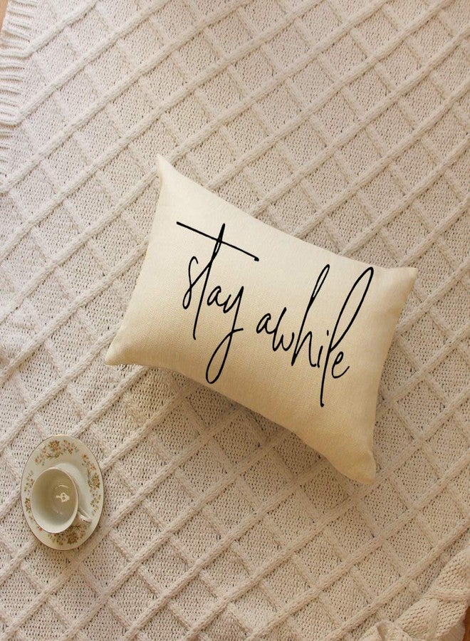 Ogiselestyle Farmhouse Pillow Covers with Stay Awhile Quotes 12" x 20" Lumbar Pillow Covers Home Decorative Cotton Linen Cushion Case for Sofa Couch Housewarming Gifts Family Room Décor - Image 4