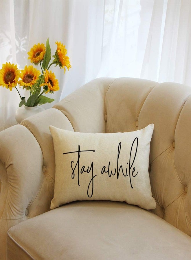 Ogiselestyle Farmhouse Pillow Covers with Stay Awhile Quotes 12" x 20" Lumbar Pillow Covers Home Decorative Cotton Linen Cushion Case for Sofa Couch Housewarming Gifts Family Room Décor - Image 2