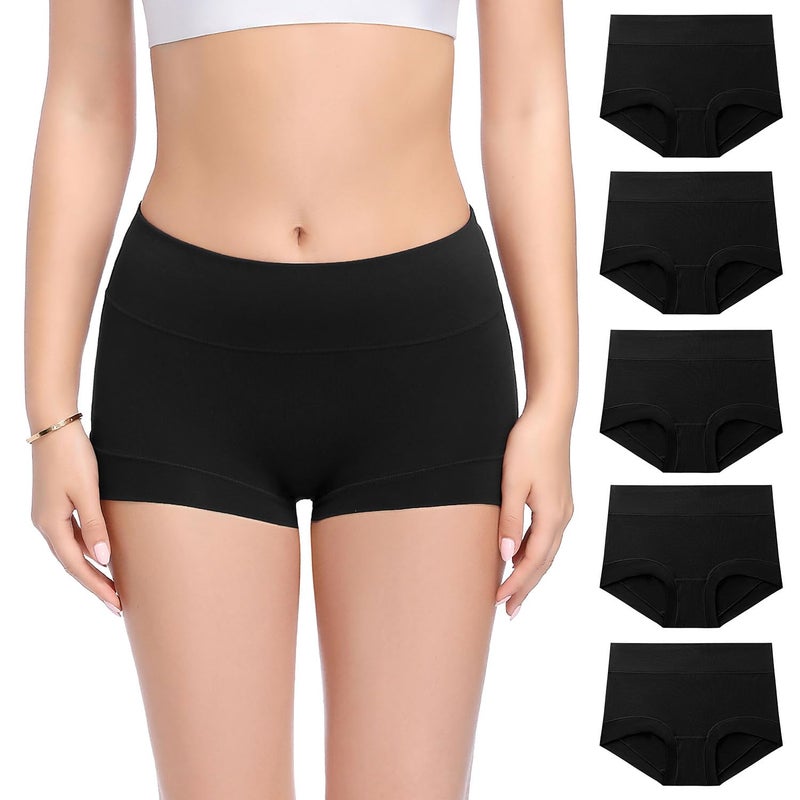 Molasus Womens Cotton Boy Shorts Panties Ladies High Waisted Full Coverage Stretch Underwear Pack of 5,Black,Large - Image 1
