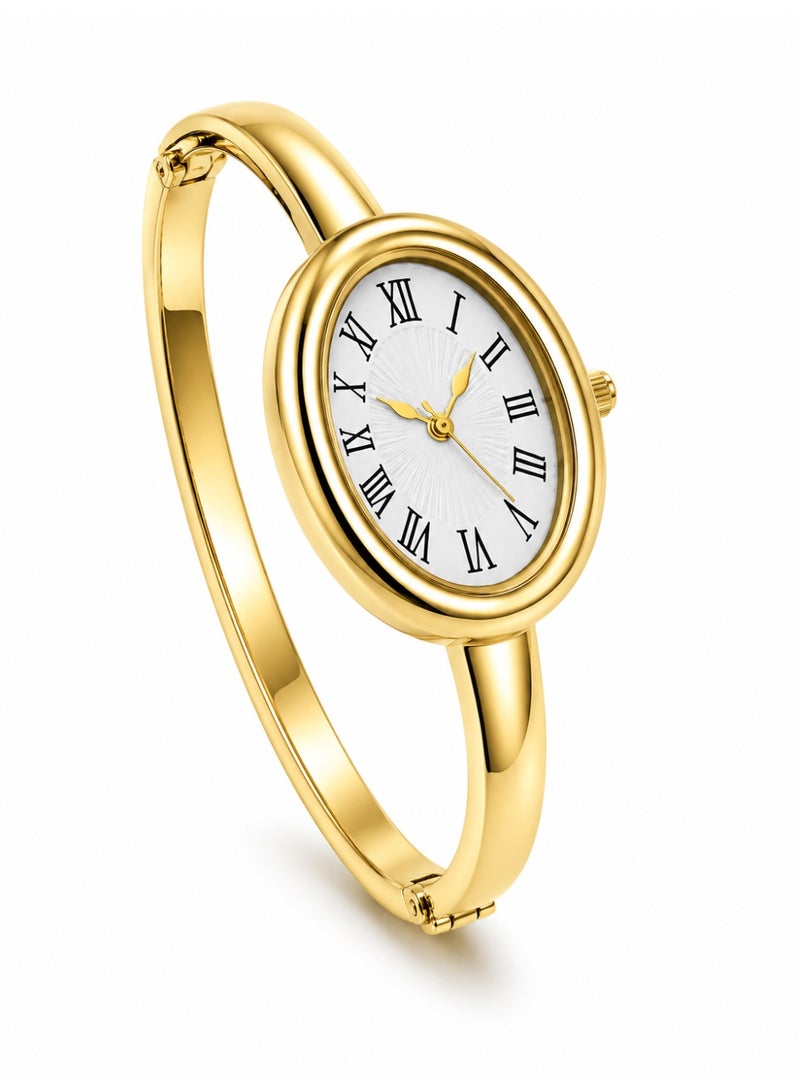 Shein Women's Gold Bangle Watch with White Roman Dial – Elegant Oval Bracelet Wrist Watch for Ladies - Image 1
