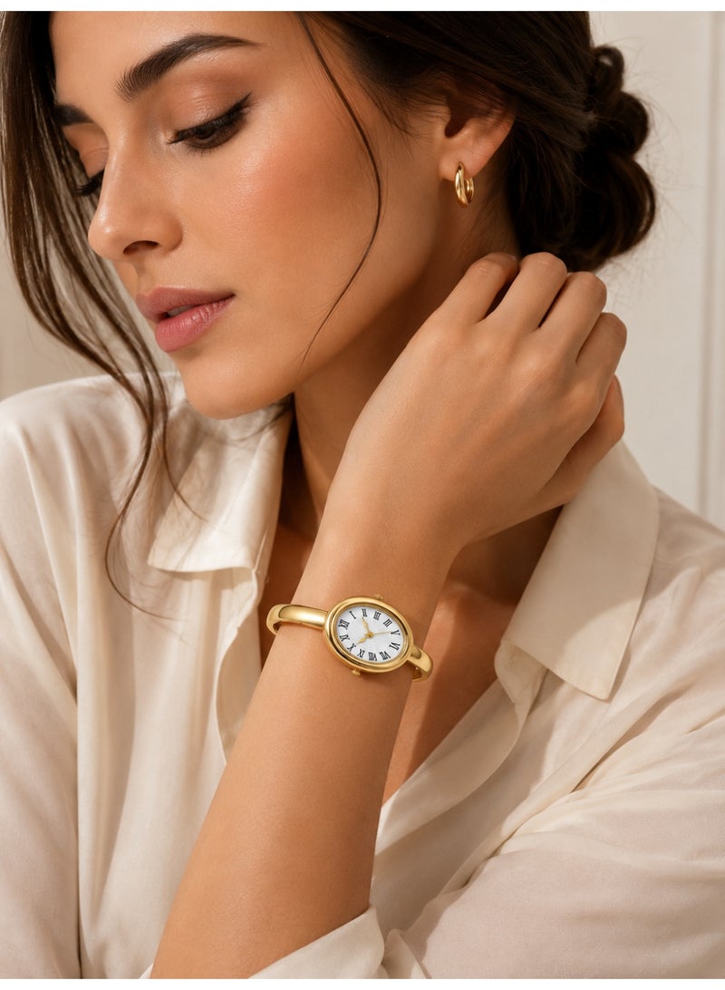 Shein Women's Gold Bangle Watch with White Roman Dial – Elegant Oval Bracelet Wrist Watch for Ladies - Image 4