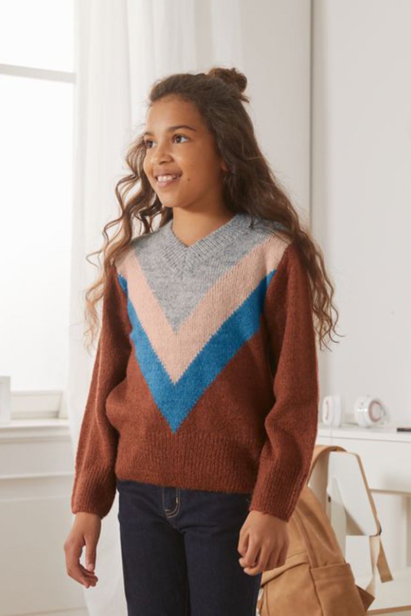 Tchibo Kid Girls V-neck Long Sleeves Colorblocking Knit Sweater, Grey Combo - Image 1