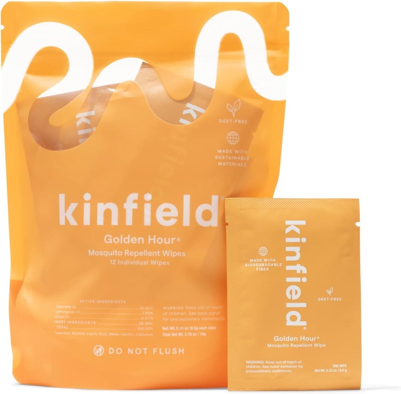Kinfield Golden Hour Wipes - Natural, Long-Lasting Insect Repellent for Outdoor Adventures and Indoor Use - TSA Approved, Cruelty-Free Skincare - 12 Individually Wrapped Towelettes