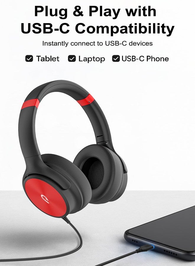 سماعات رأس سلكية من نوع USB-C من ADOOPE مع ميكروفون، صوت ستيريو عالي الدقة، وسادات أذن عازلة للضوضاء، ملائمة مريحة لأجهزة iPhone 15/16 وSamsung Galaxy S24/S23 والهواتف والأجهزة اللوحية من نوع Type-C (أسود وأحمر) - Image 3