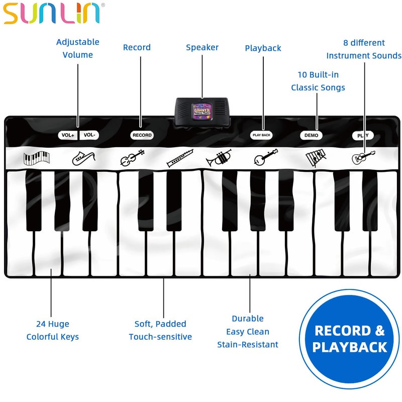 SUNLIN 6ft. Piano Mat, Floor Keyboard Playmat: 24 Keys, 10 Demos, 8 Instrument Sounds, Record & Playback, Giant Interactive Musical Toys Gifts for Boys & Girls Age 3 4 5 6 7 8 9 Years Old - Image 3