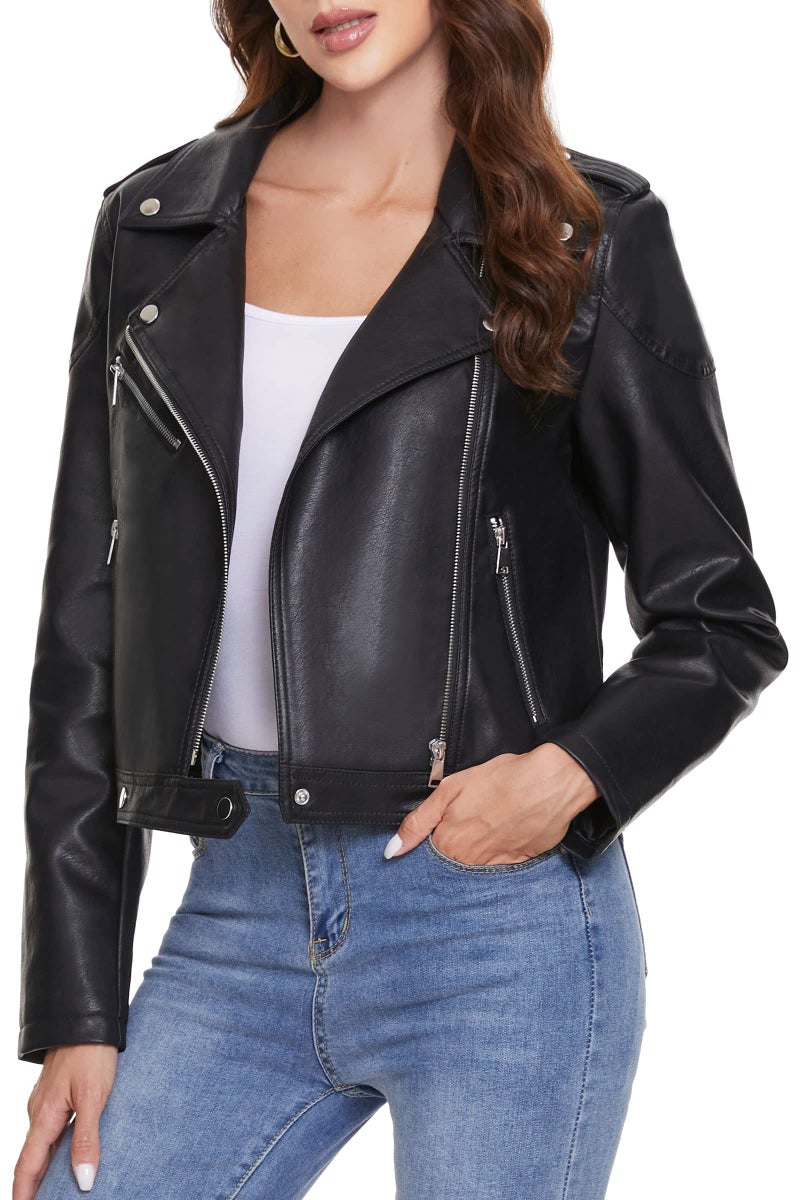 Fahsyee Womens Faux Leather Jackets Zip Up Motorcycle Short PU Moto Biker Outwear Fitted Slim Coat Black Size L