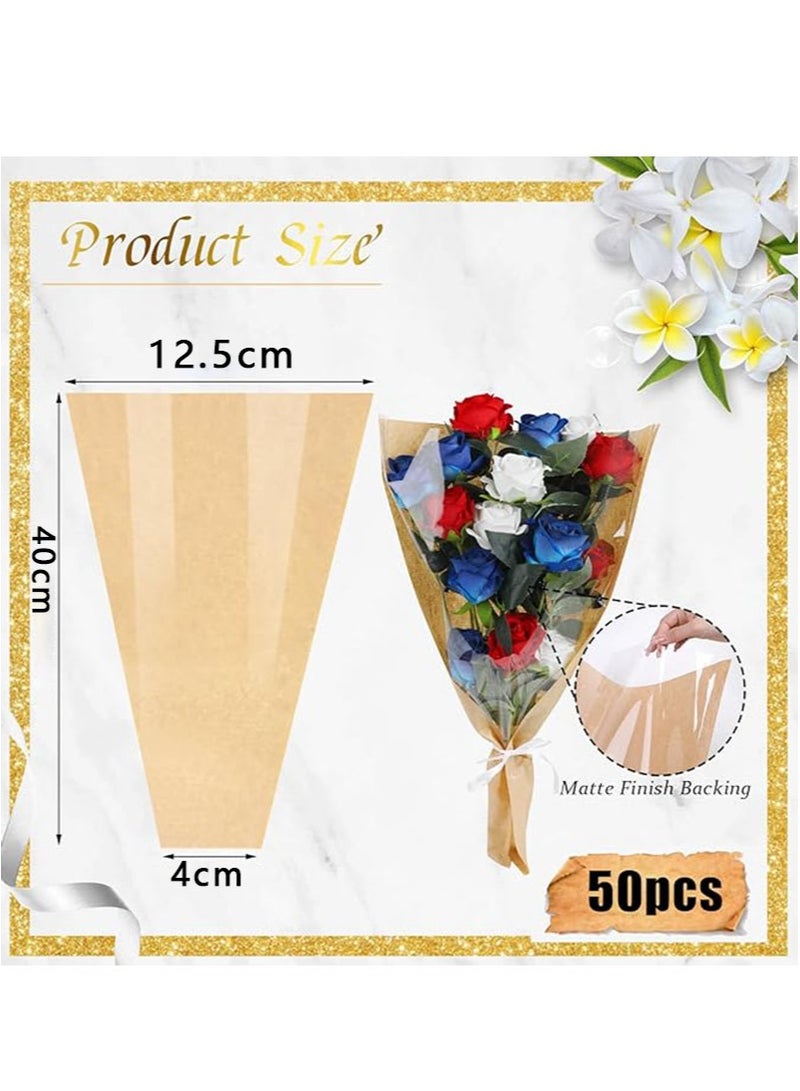 Apustim 50Pcs Flower Packaging Bags，Kraft Paper Flower Packaging Covers，Bouquet Bags Transparent Flower Packaging Covers With Ribbon For Wedding Birthday Graduation Anniversary Supplies - Image 2
